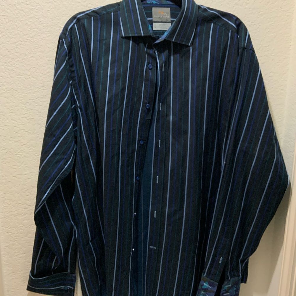 Thomas Dean Men's L 100% Cotton Blue Striped Long-Sleeved Button-Down Shirt